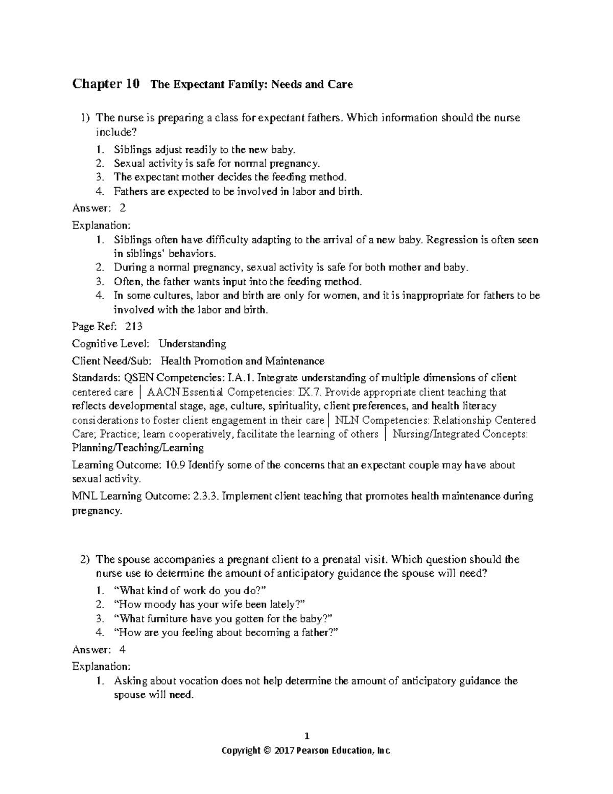 0134142357 Ch10 TB - Practice Questions on Expectant Family Care - Studocu