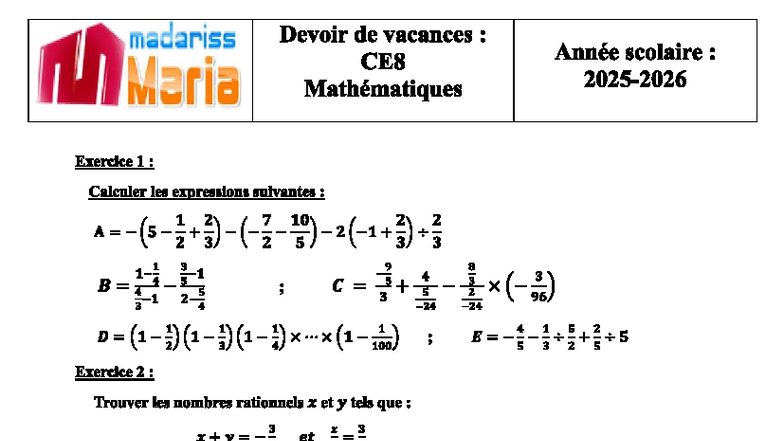 CE8 Devoir de Maths : Exercice de Vacances 2025 - Studocu