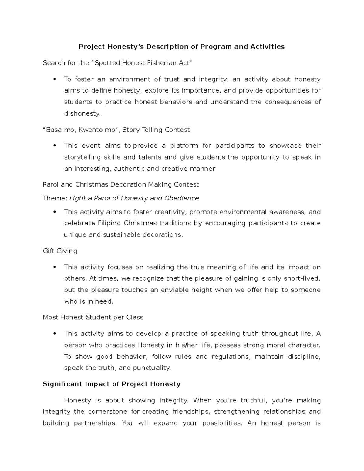 Accomplishment-report- Honesty - Project Honesty’s Description of ...