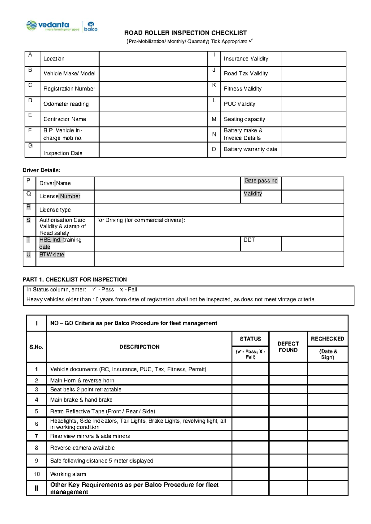 ROAD ROLLER INSPECTION CHECKLIST (Quarterly) - Vehicle Safety Audit ...