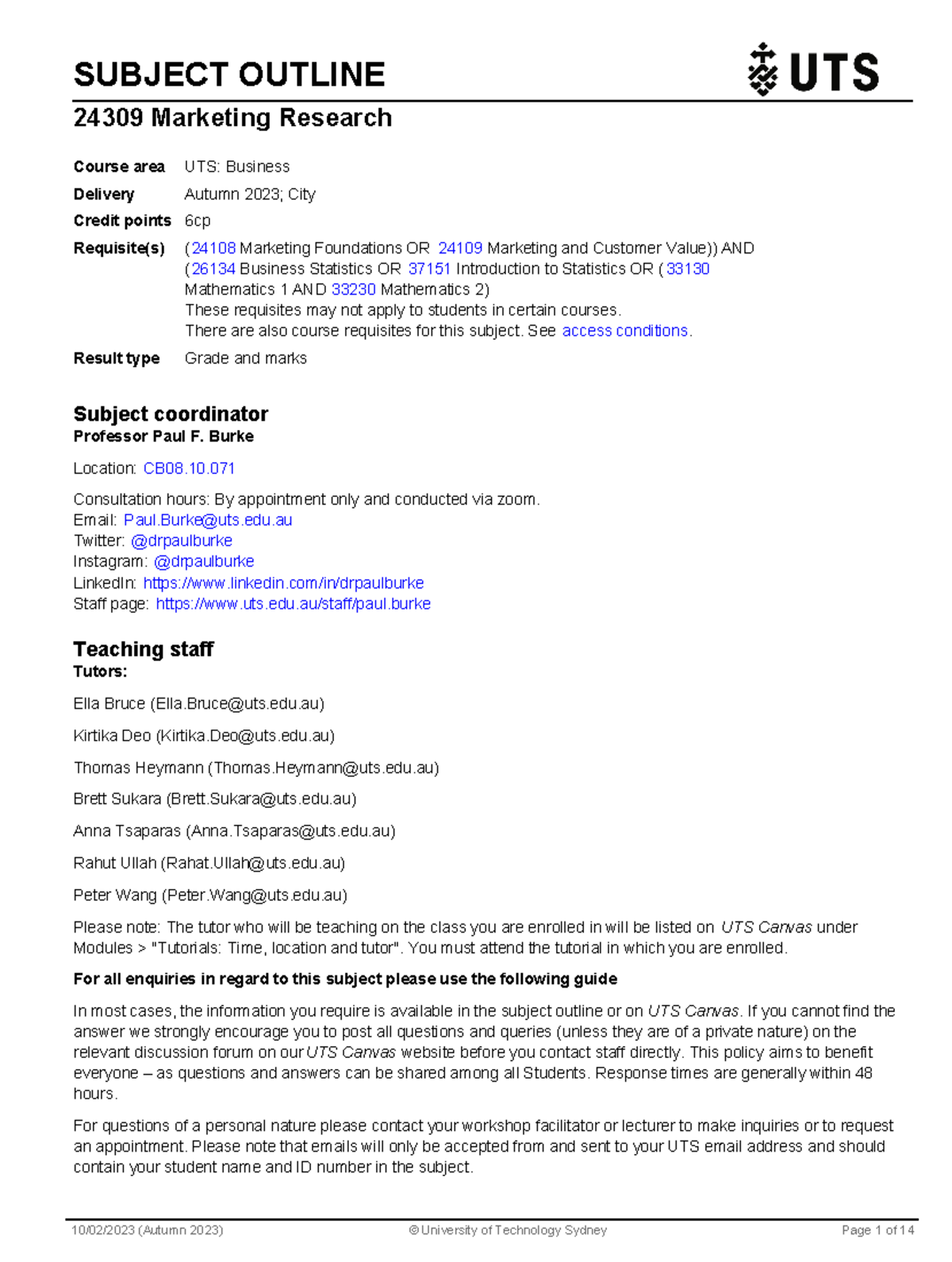 24309 Marketing Research - Autumn 2023 Subject Outline & Info - Studocu