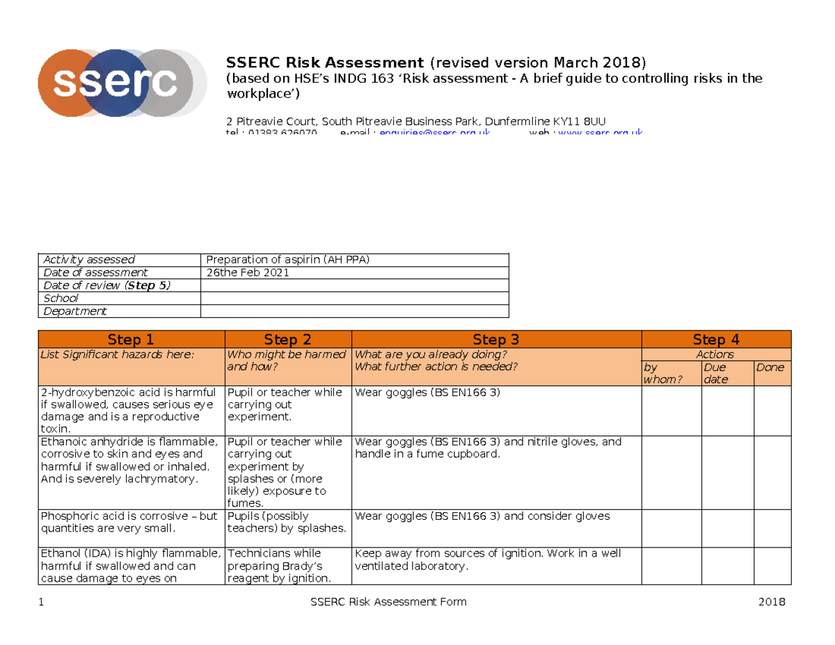 Risk Assessment for Preparation of Aspirin (AH PPA) Experiment - Studocu