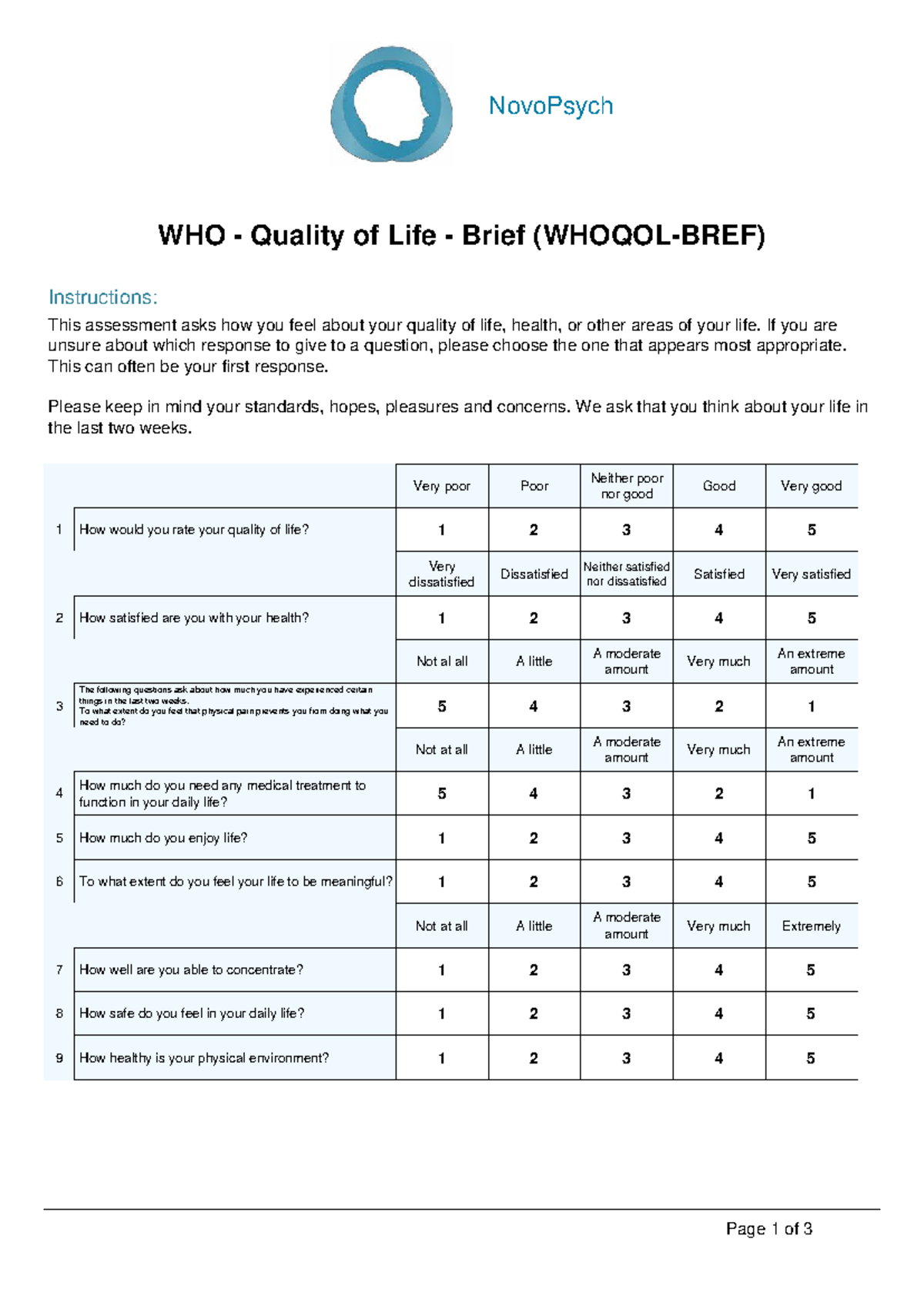 WHOQOL-BREF Quality of Life Assessment Instructions - Studocu