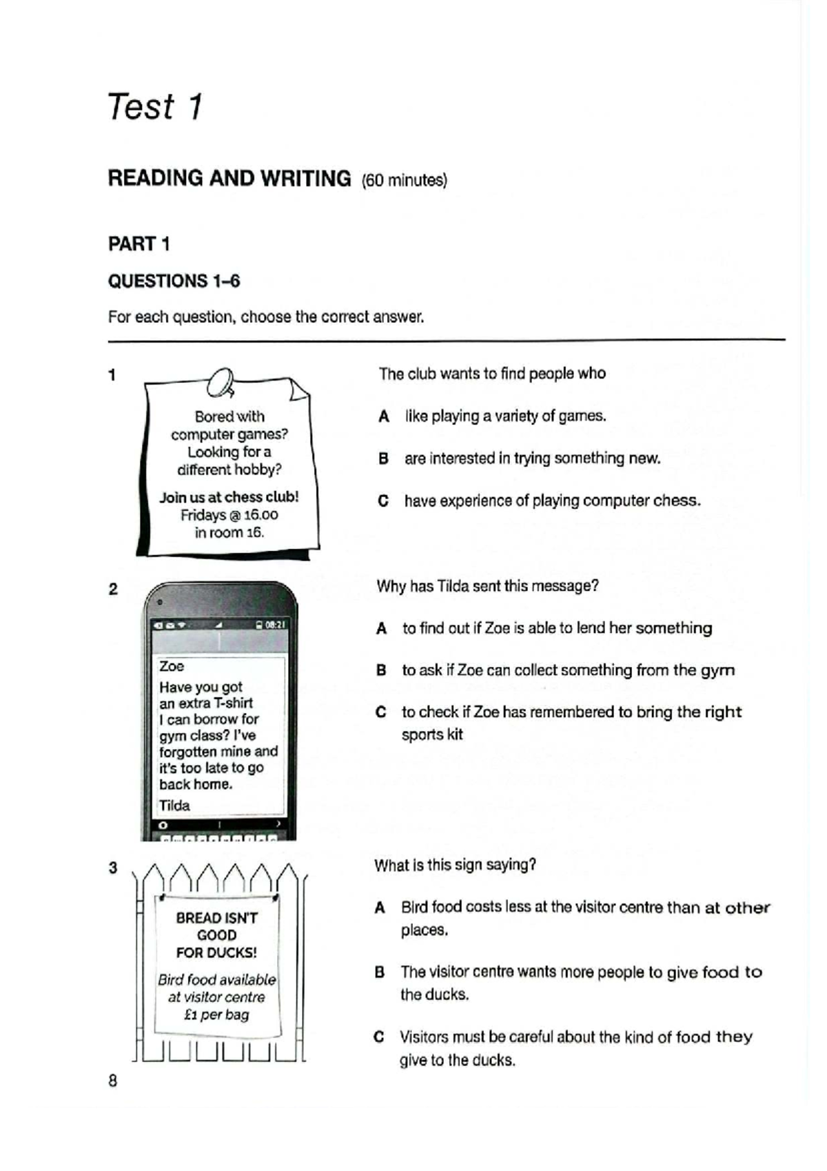 KET Test 1 - Reading Part 1 Questions and Answers - Studocu