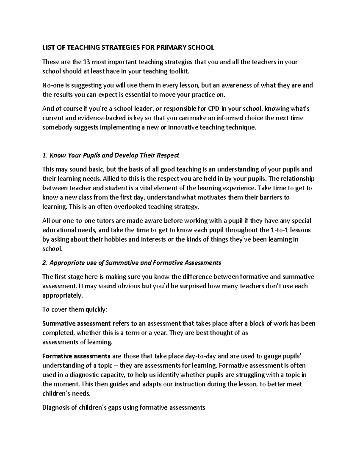 LIST OF Teaching Strategies FOR Primary School - LIST OF TEACHING ...