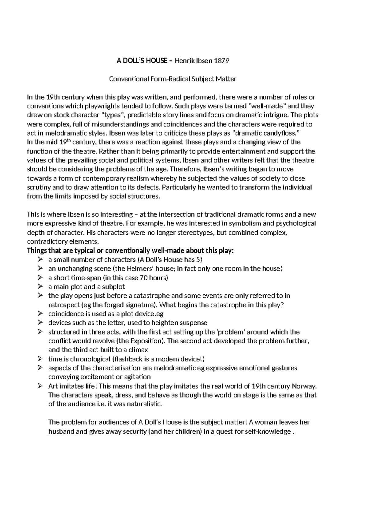 Conventional Form Analysis - A Doll's House (ENG 101) - Studocu