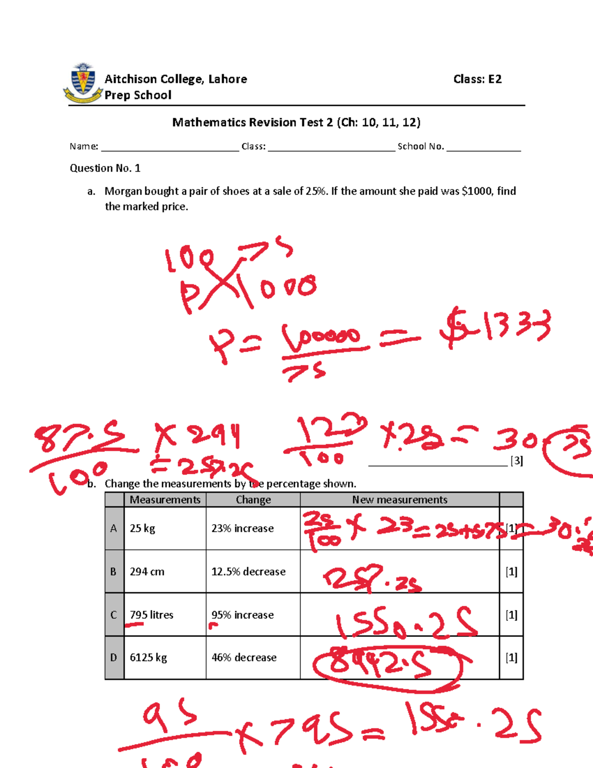 E2 Revision Test 2(AAR) - Aitchison College, Lahore Class: E Prep ...
