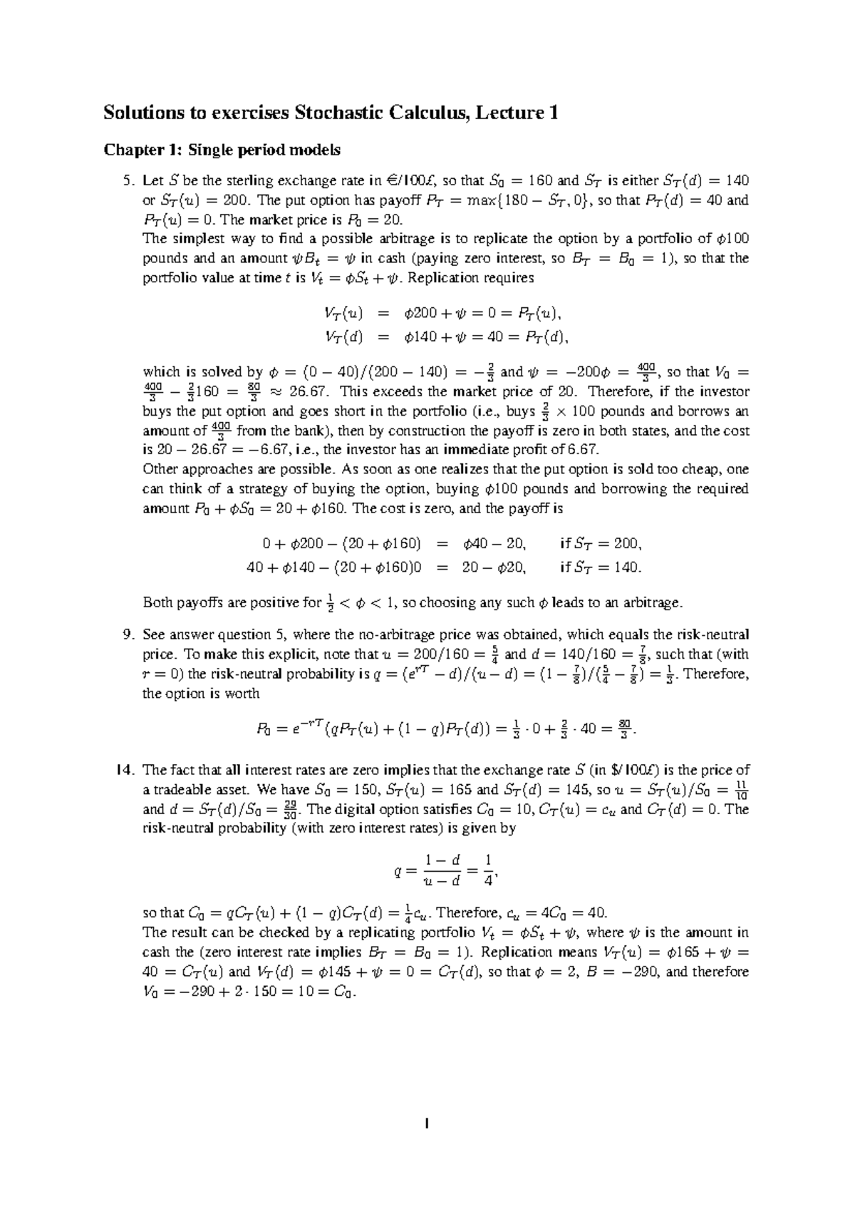 Stochastic Calculus Solutions Exercises - Lecture 1 Notes - Studeersnel