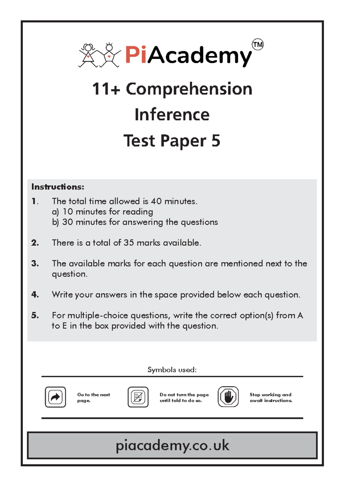 11 Plus Comprehension Inference Test Paper 5 pug - Symbols used: Go to ...