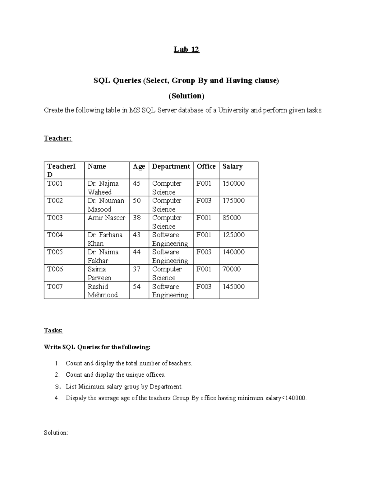 Lab 12-SQL Queries (Select, Group By and Having clause) - Lab 12 SQL ...