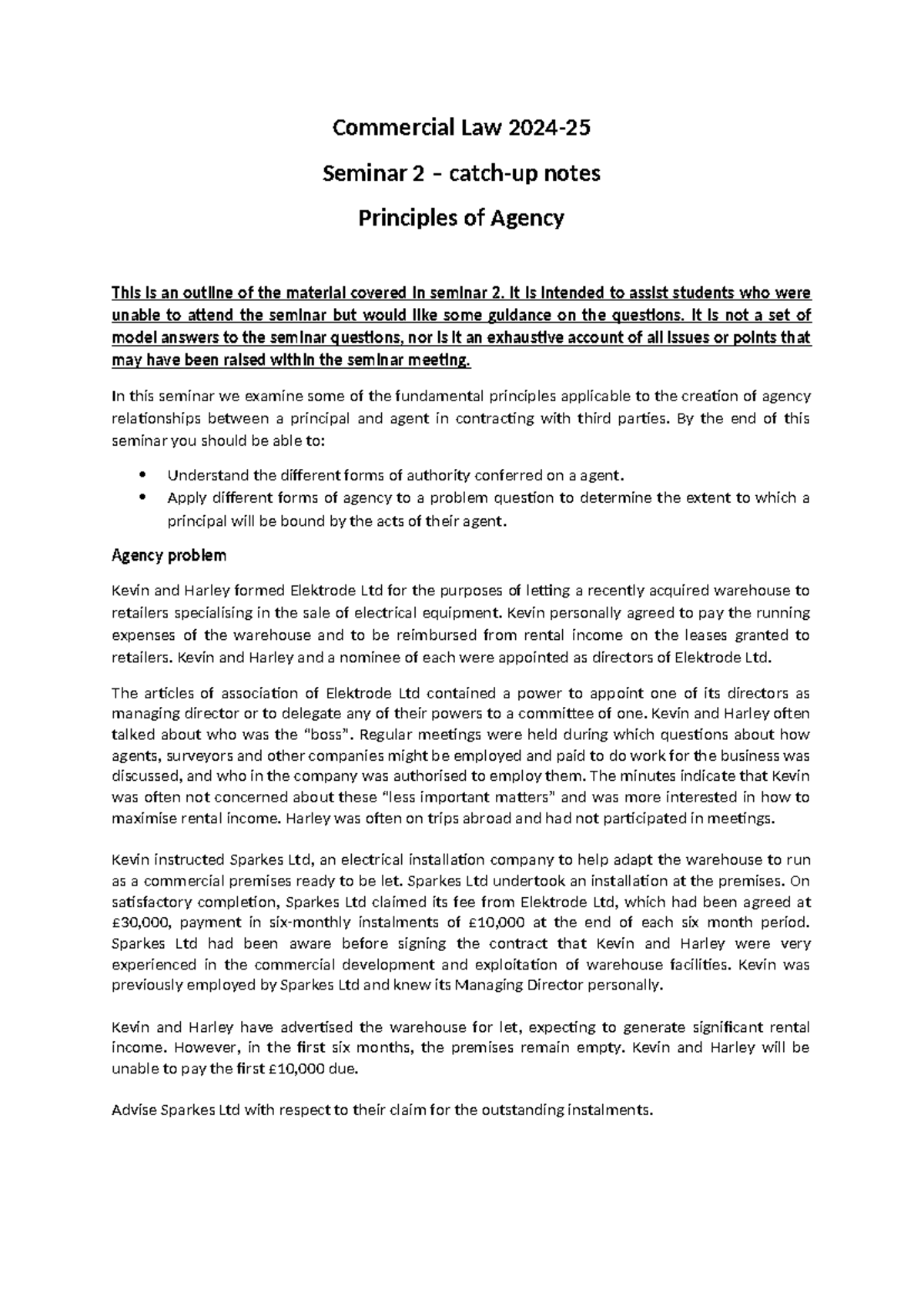 Seminar 2 catch up notes Agency (002) - Commercial Law 2024- Seminar 2 ...
