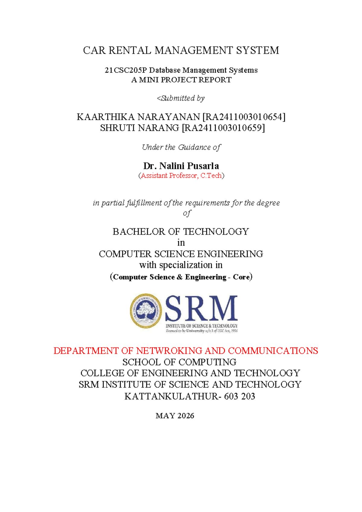 CAR RENTAL MANAGEMENT SYSTEM 21CSC205P Mini Project Report - Studocu