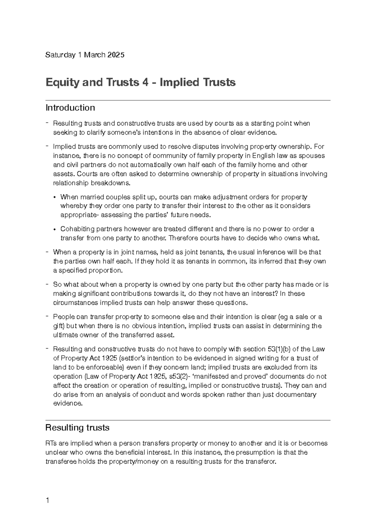 Equity & Trusts 4 - Implied Trusts - Saturday 1 March 2025 Equity and ...