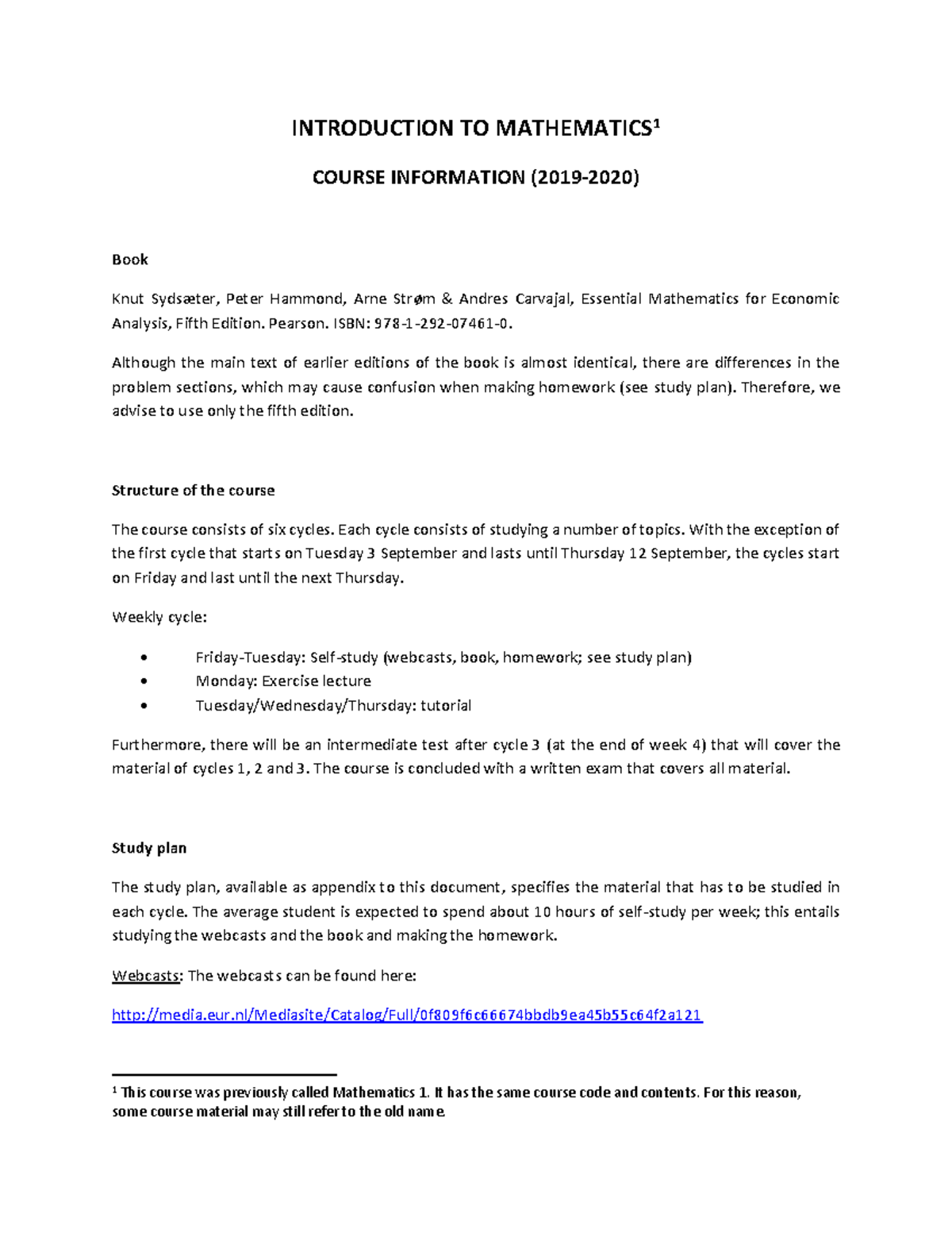 Introduction to Mathematics 1 - Course Info and Study Plan 2019-2020 ...