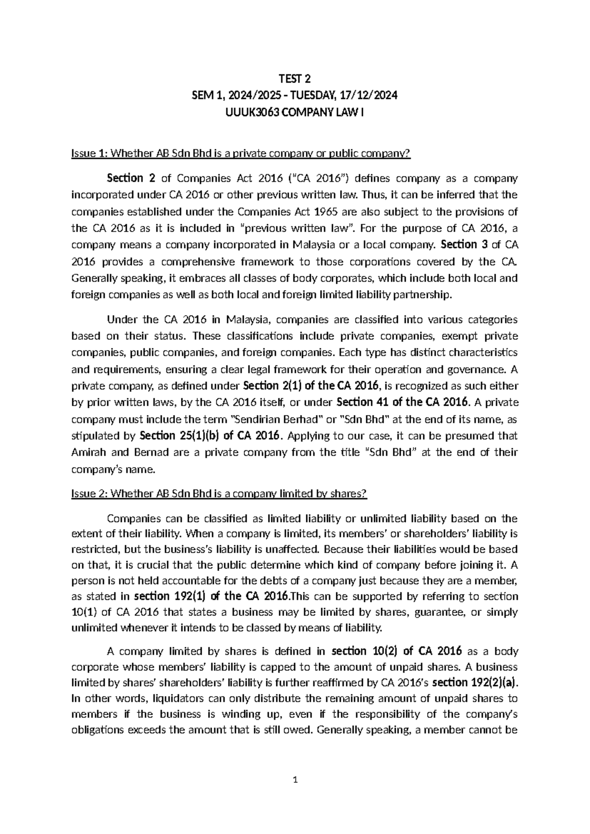 (TEST 2) UUUK3063 Company Law I - Essay & PBQ Analysis - Studocu