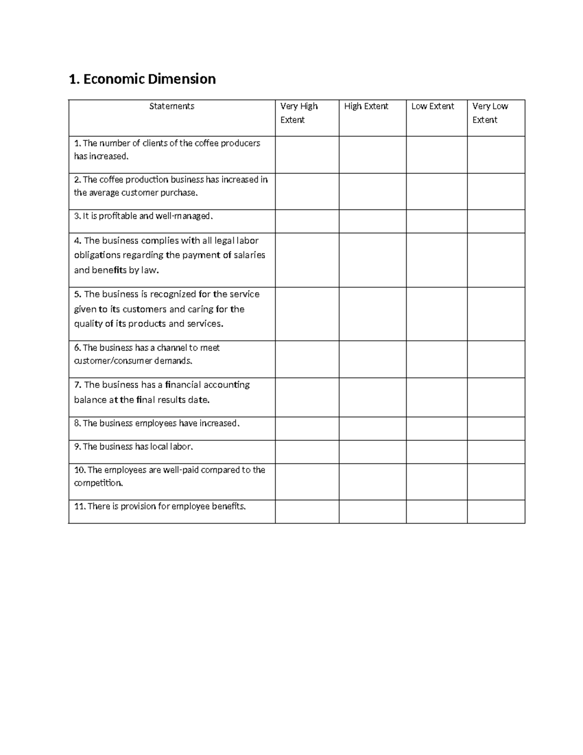 Economic Dimension Survey Questionnaire Analysis - Studocu