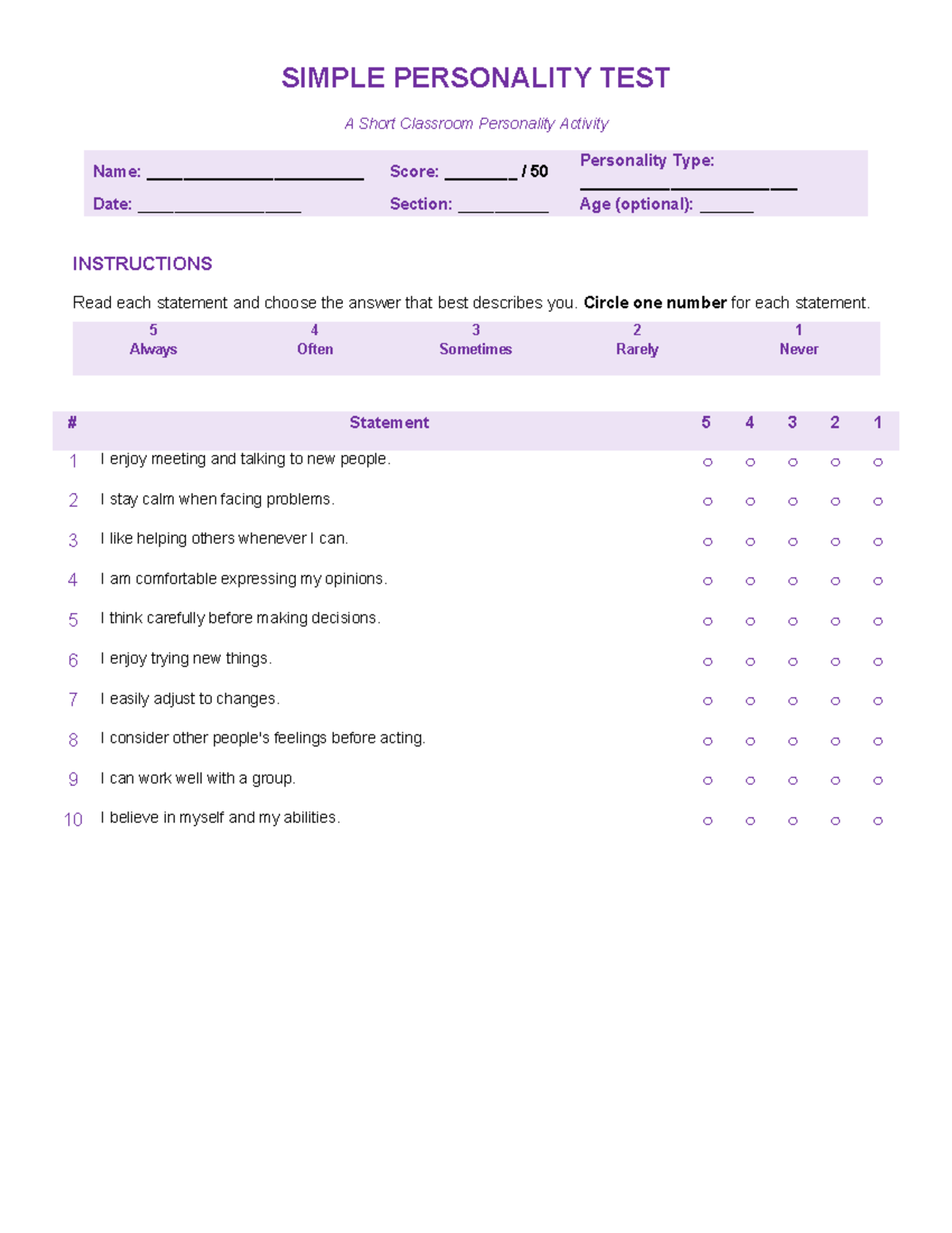 Personality Test Activity: Simple Classroom Assessment IT'S - Studocu