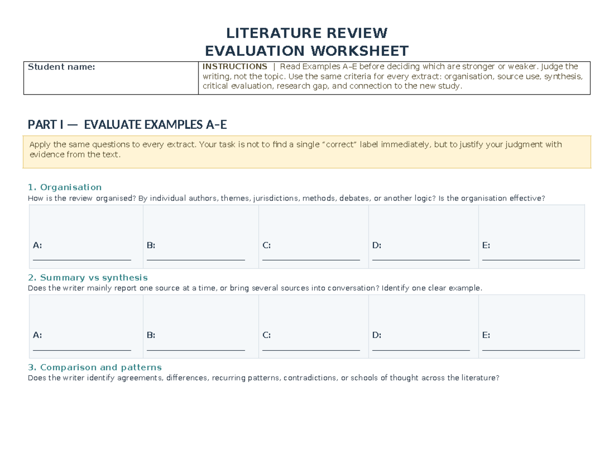 LIT REVIEW EVAL WORKSHEET INSTRUCTIONS & EXAMPLES - Studocu