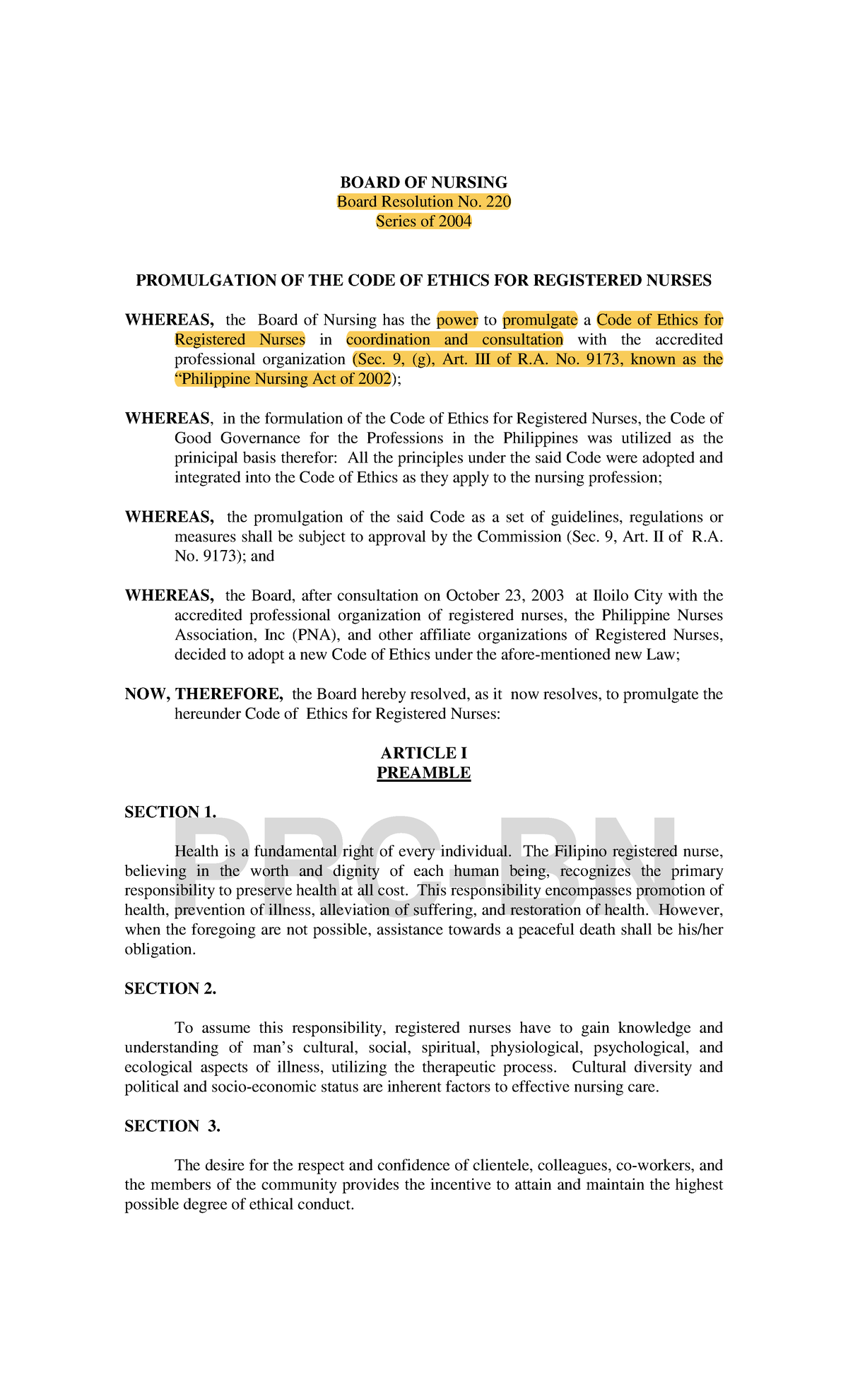 Promulgation of the Code of Ethics for Registered Nurses - BON CE - Studocu