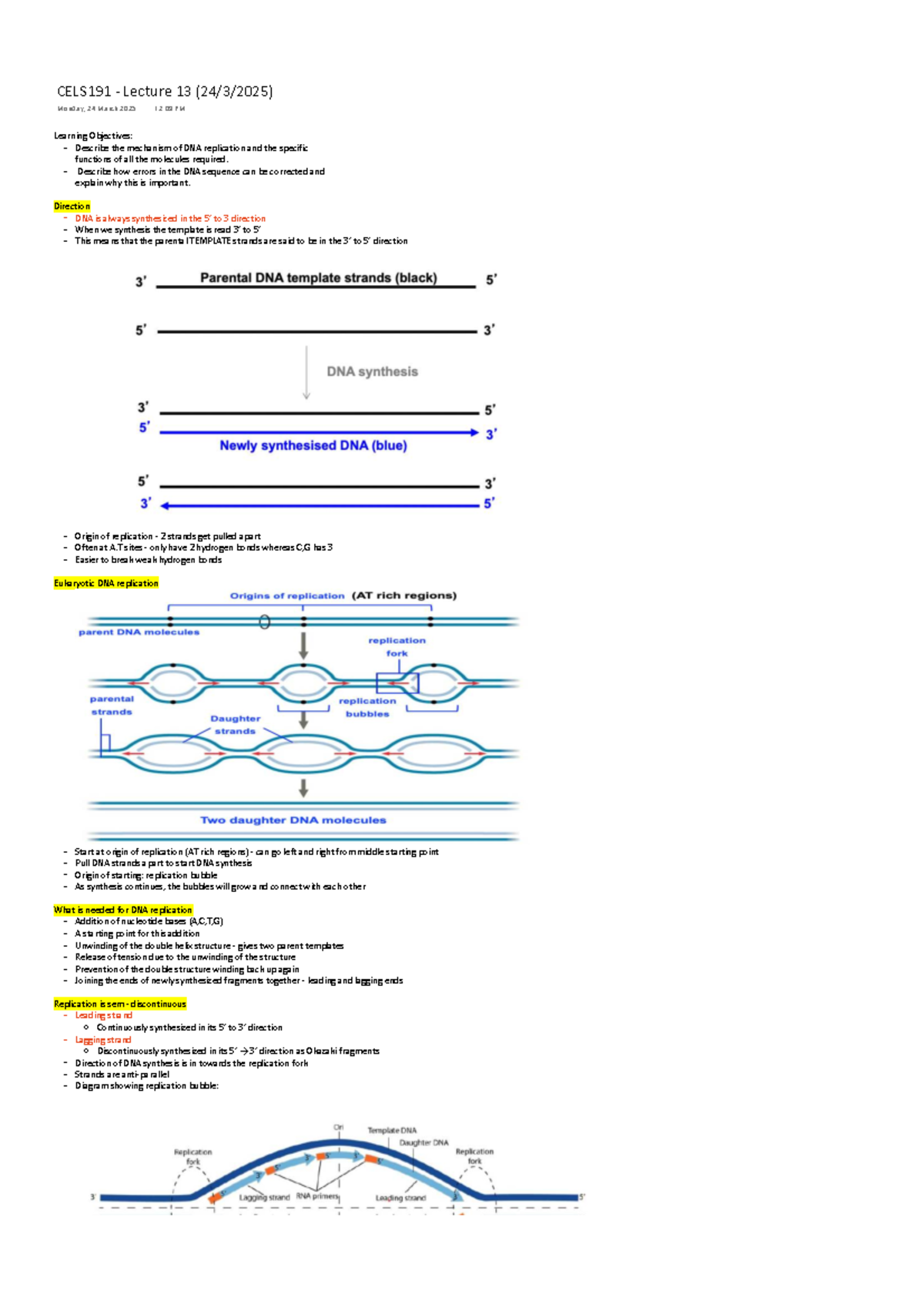 CELS191 - Lecture 13: DNA Replication Mechanisms and Enzymes - Studocu