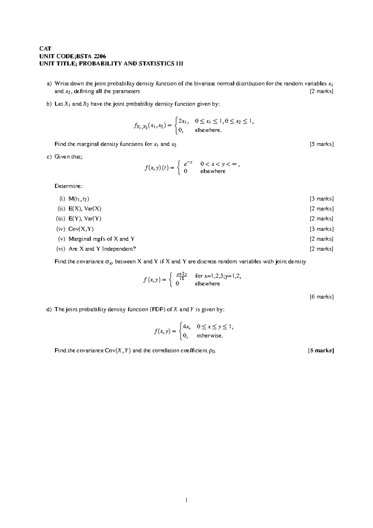 BSTA 2206 CAT - Notes on Joint Probability & Statistics Concepts - Studocu