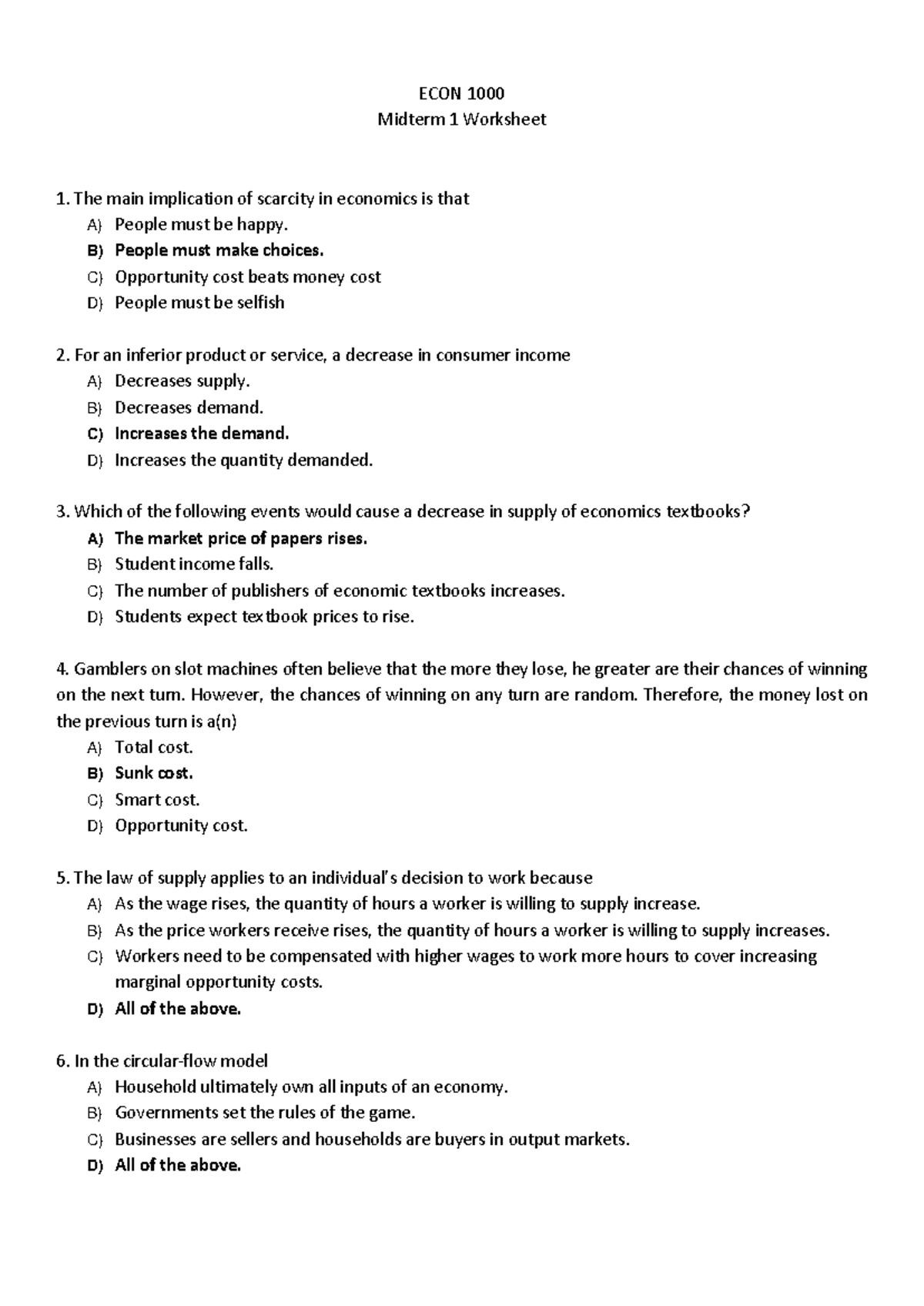 MT1 Worksheet - Practice questions for the Midterm exam 1 - ECON 1000 ...