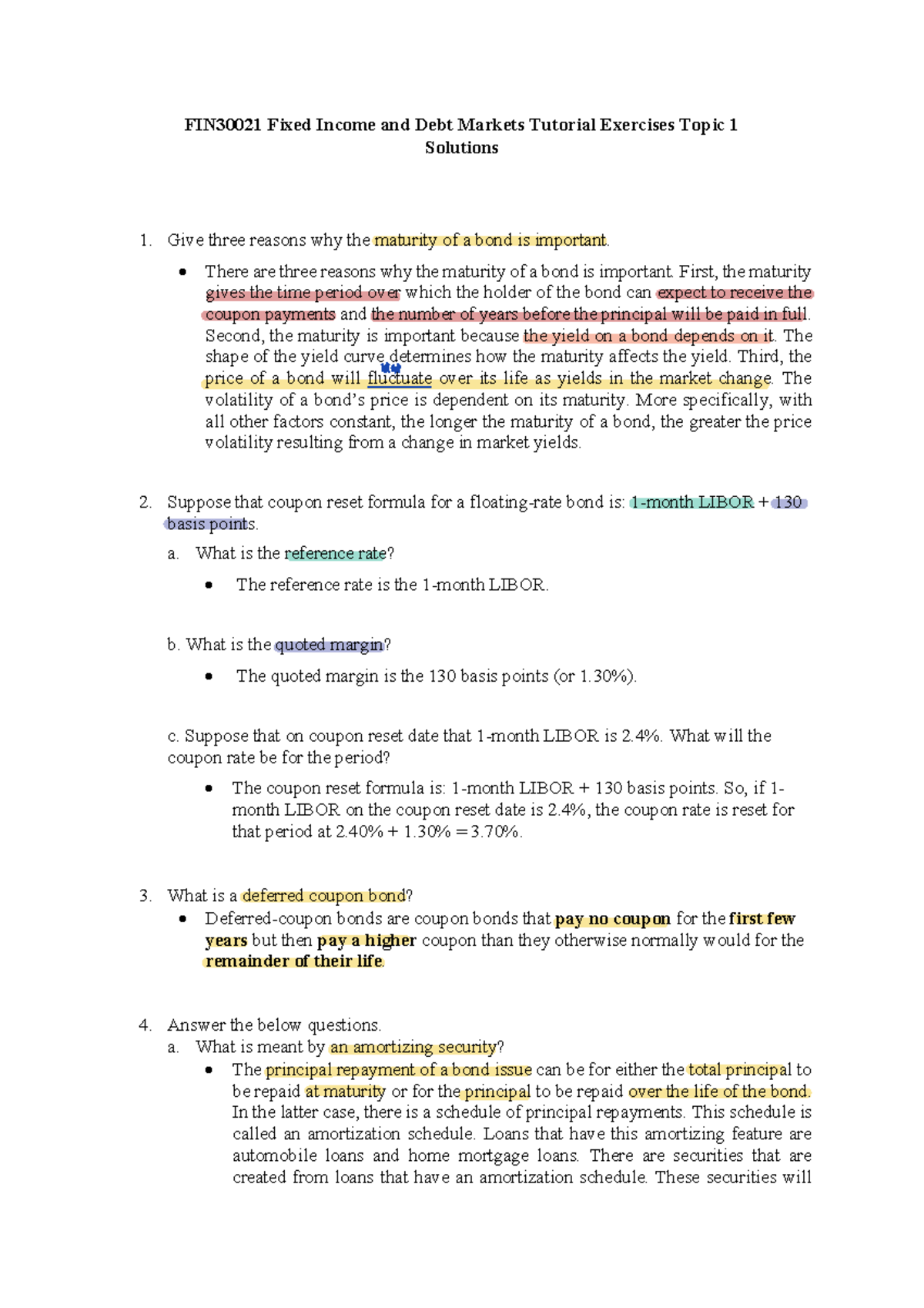 FIN30021 Fixed Income & Debt Markets Topic 1 Tutorial Solutions - Studocu