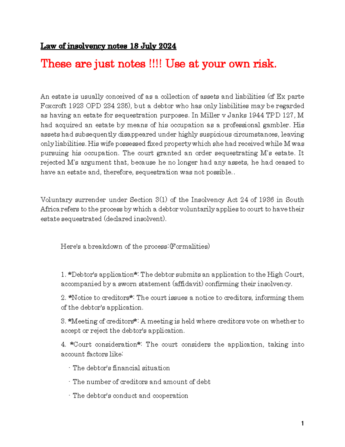 Insolvency Law Voluntary Surrender Compulsory Sequestration Notes