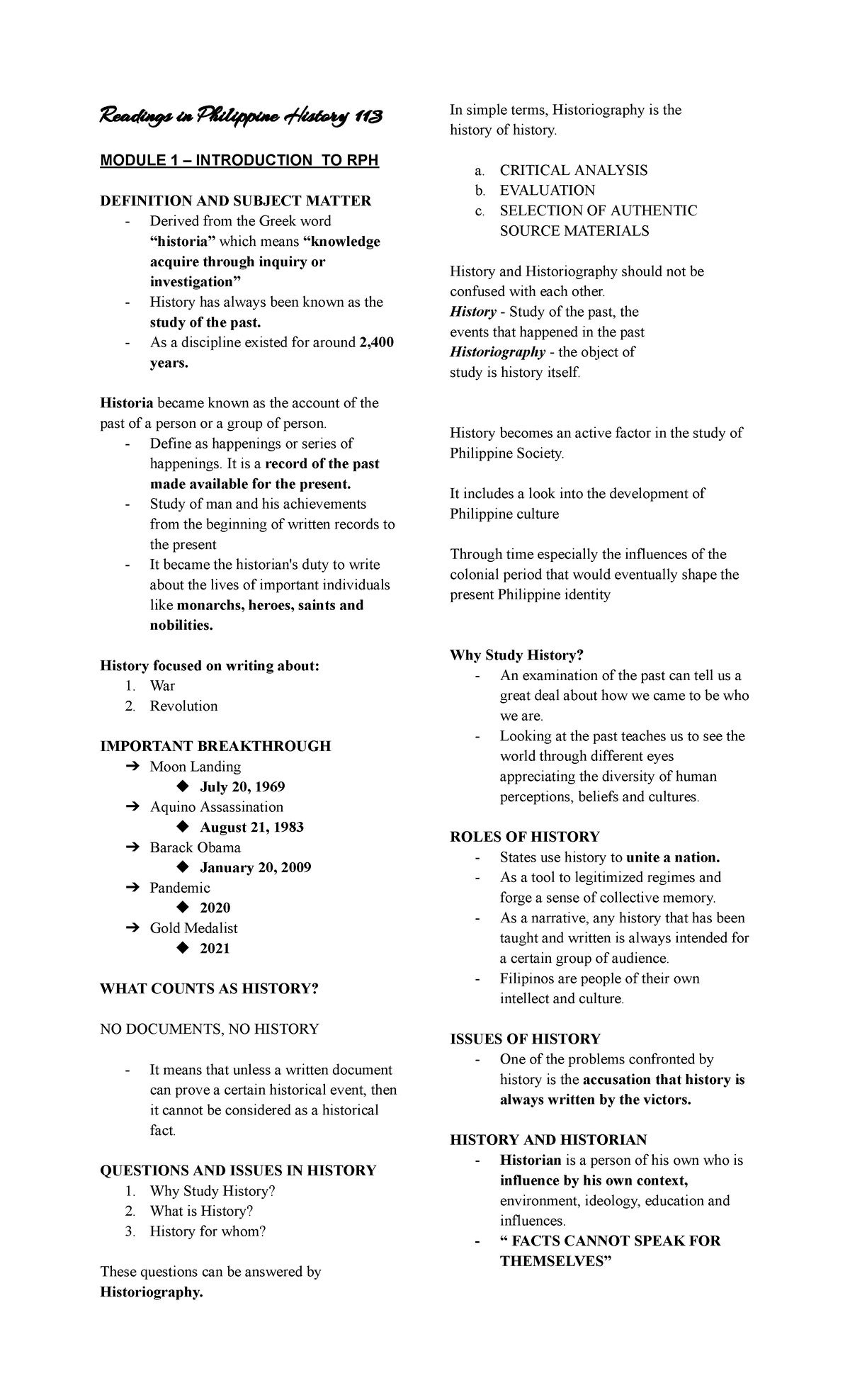 Readings in Philippine History 113: Module 1 - Intro to RPH ...
