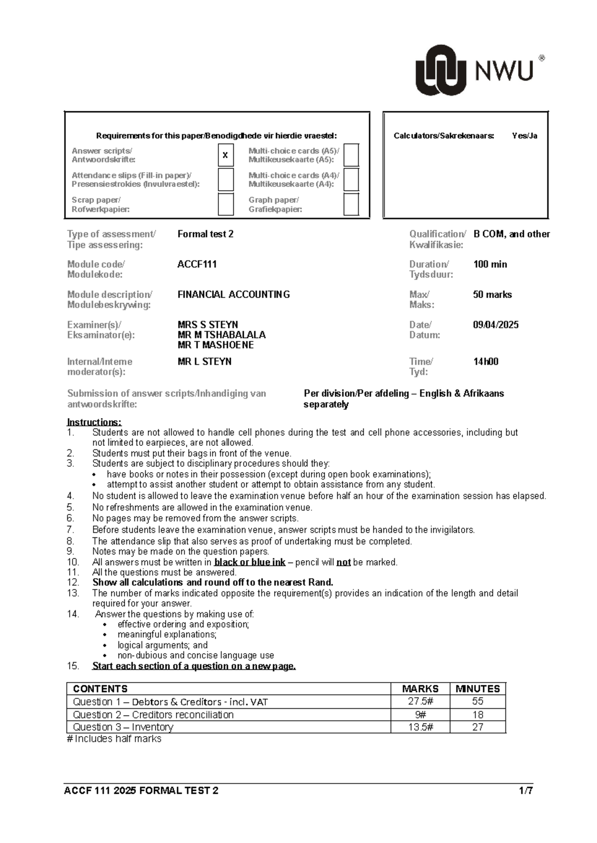 ACCF 2025 Formal Test 2: Financial Accounting Requirements and ...