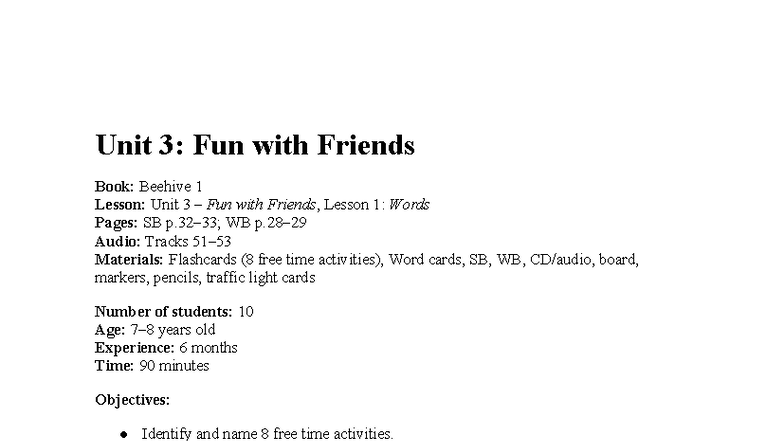 Unit 3: Fun with Friends Lesson Plan (Beehive 1) - Studocu