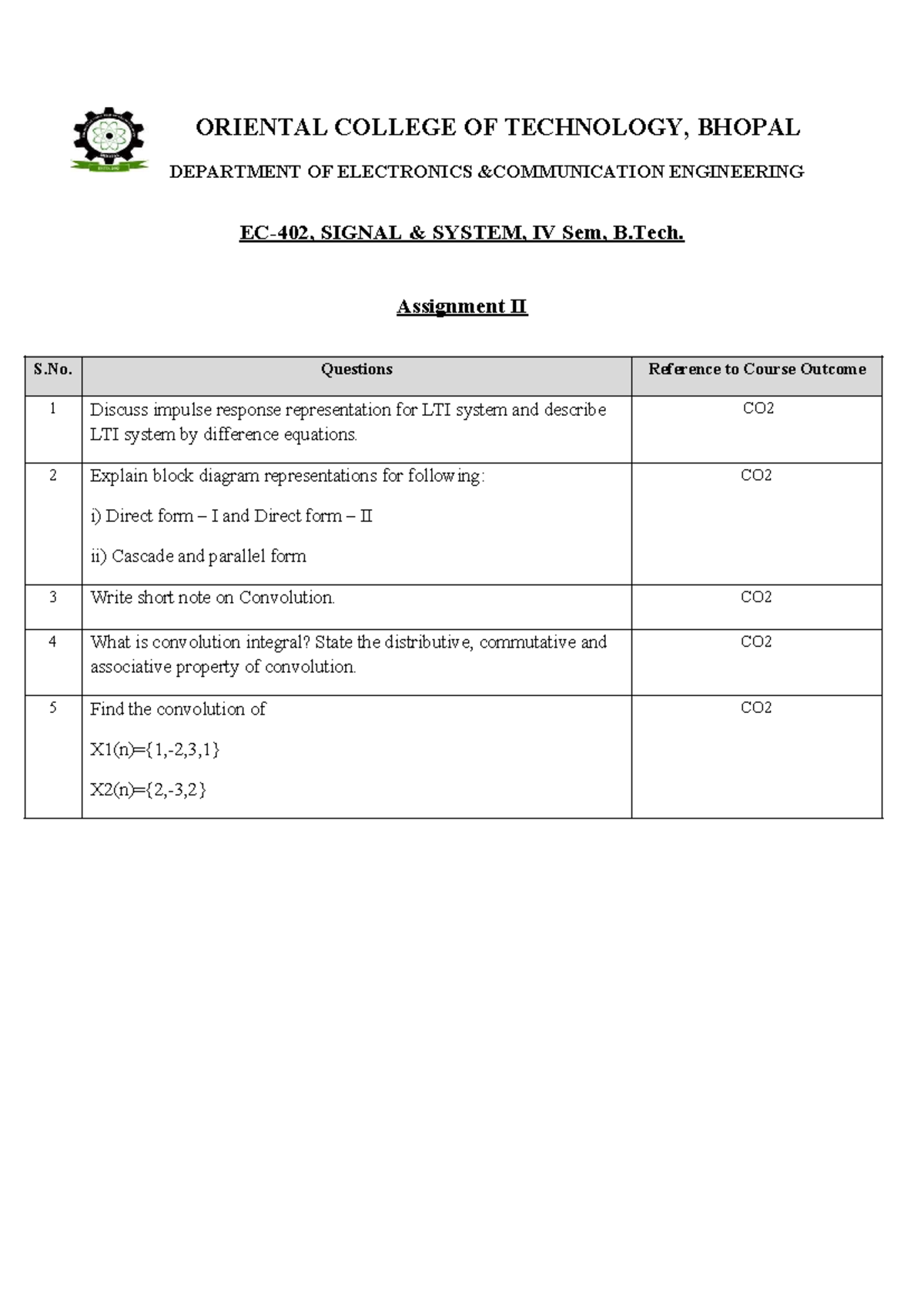 EC402 A2 SS - ASSIGNMENT-2 - ORIENTAL COLLEGE OF TECHNOLOGY, BHOPAL ...
