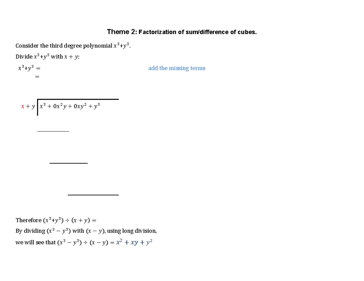 Theme 2: Factorization of Sum & Difference of Cubes (Shell) - Studocu