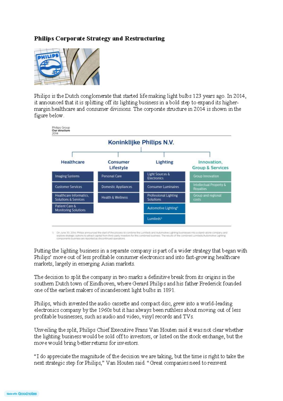 Philips Corporate Strategy & Restructuring Mini Case Study - Studocu