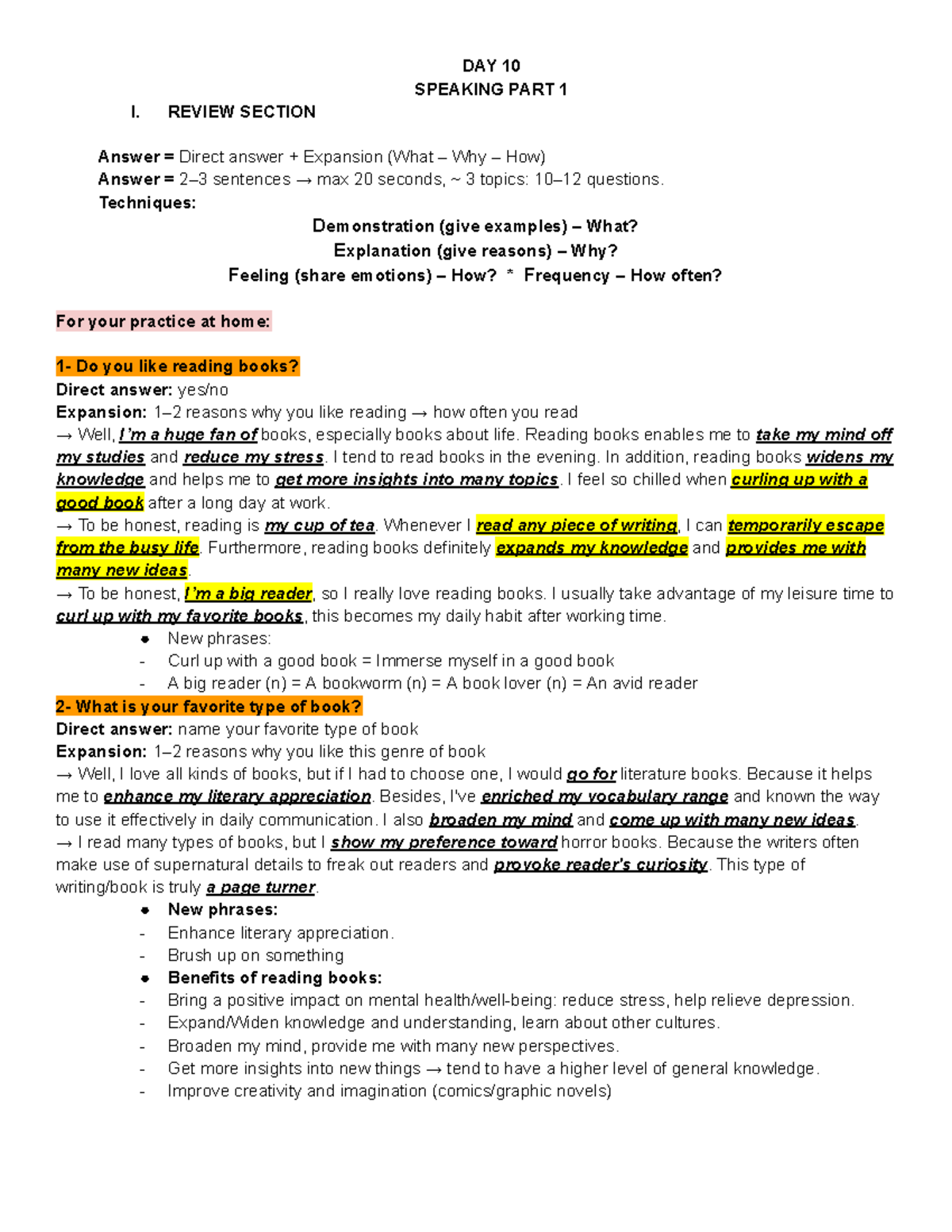 DAY 10- Speaking PART 1 - Yeah - DAY 10 SPEAKING PART 1 I. REVIEW ...