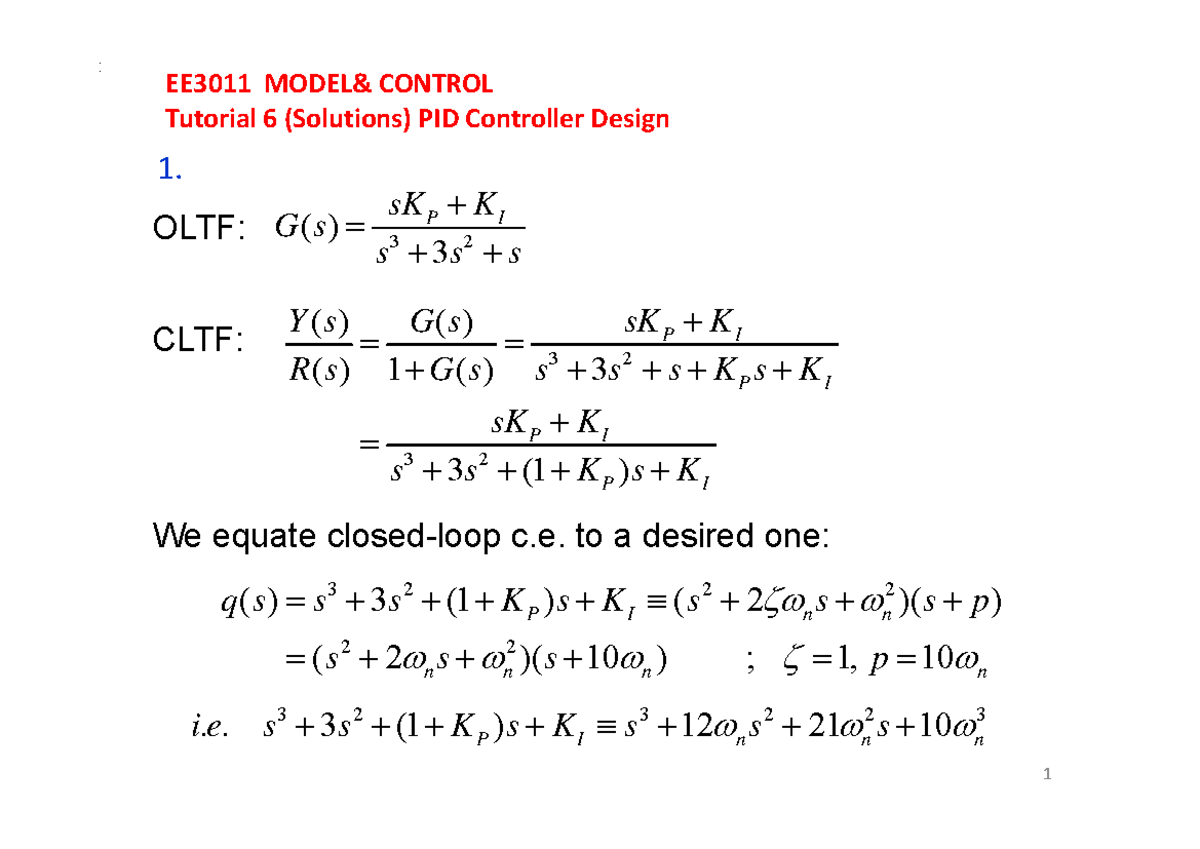 EE3011 Control Tutorial 6 Solutions: PID Controller Design Insights ...