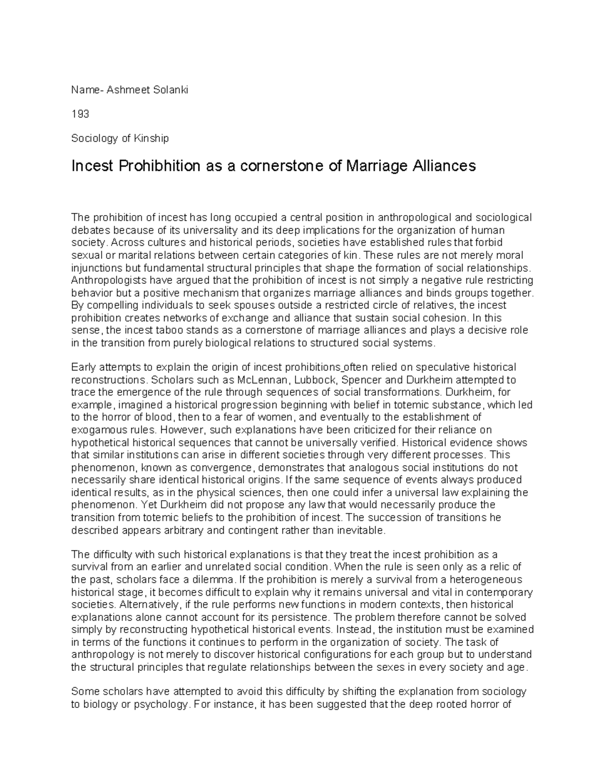 Sociology of Kinship: Incest Prohibition as Marriage Alliance ...
