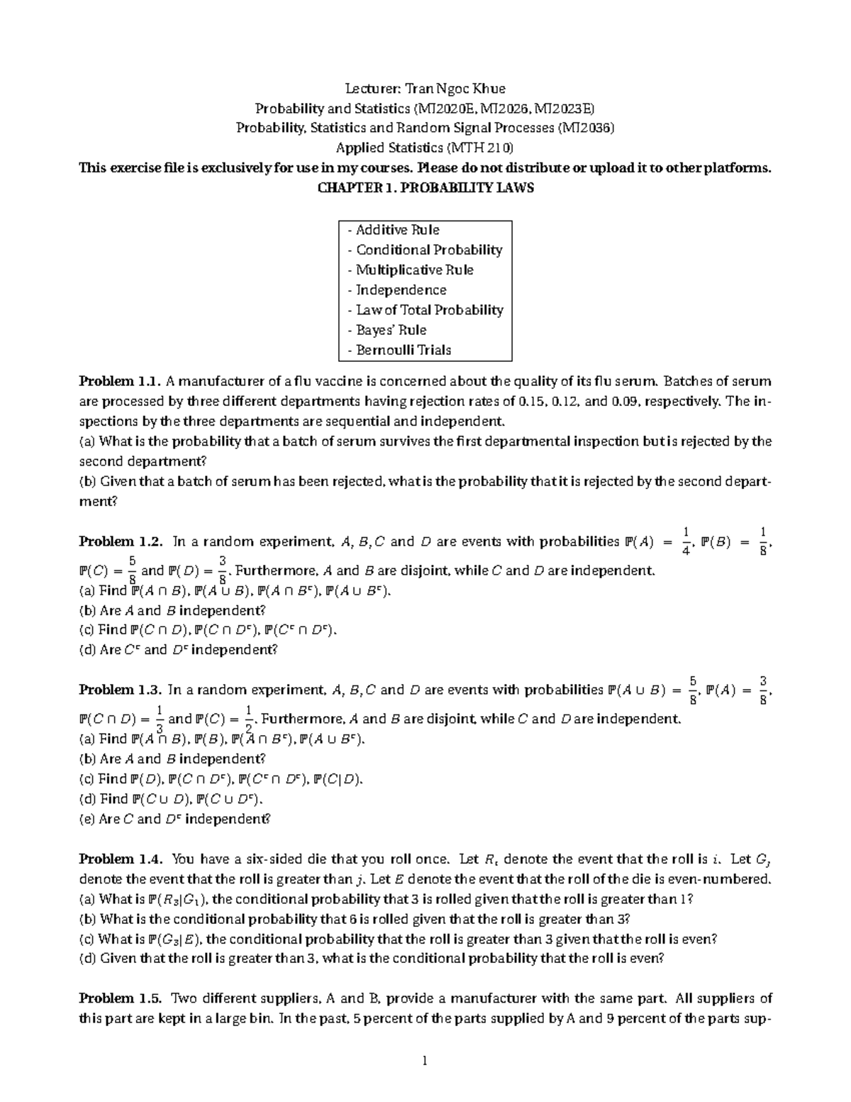 Chapter 1 Exercises on Probability and Statistics (MI2020E, MI2026 ...