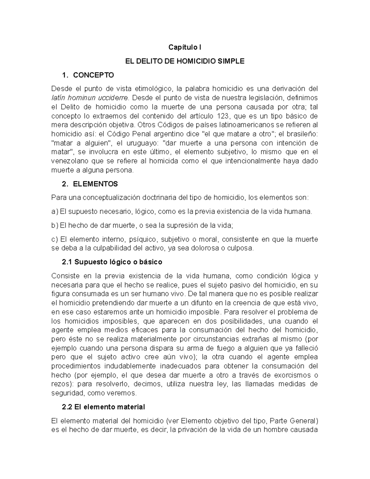 Capítulo I: Delito de Homicidio Simple en Derecho Penal 2 - Studocu