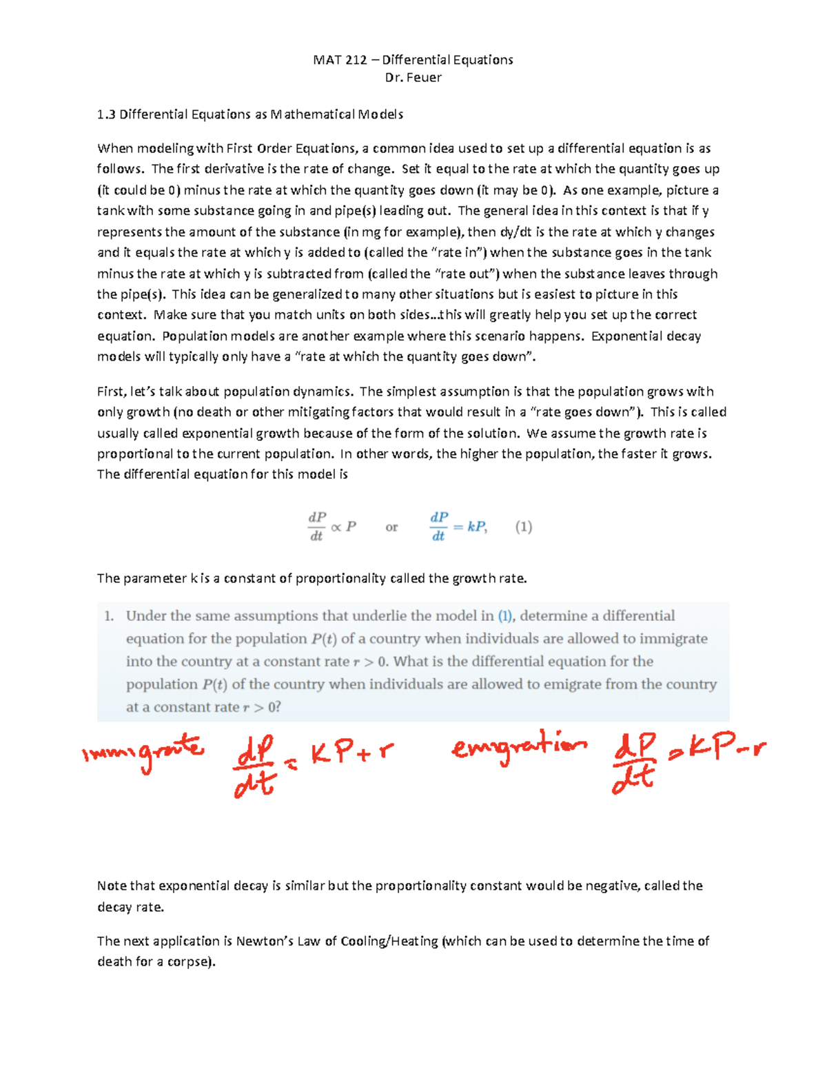 MAT 212 Final Exam Notes: Differential Equations as Mathematical Models ...