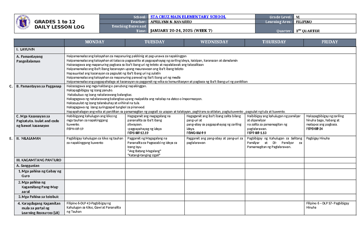DLL Filipino 6 Q3 W7 - Daily Lesson Log Overview and Activities - Studocu