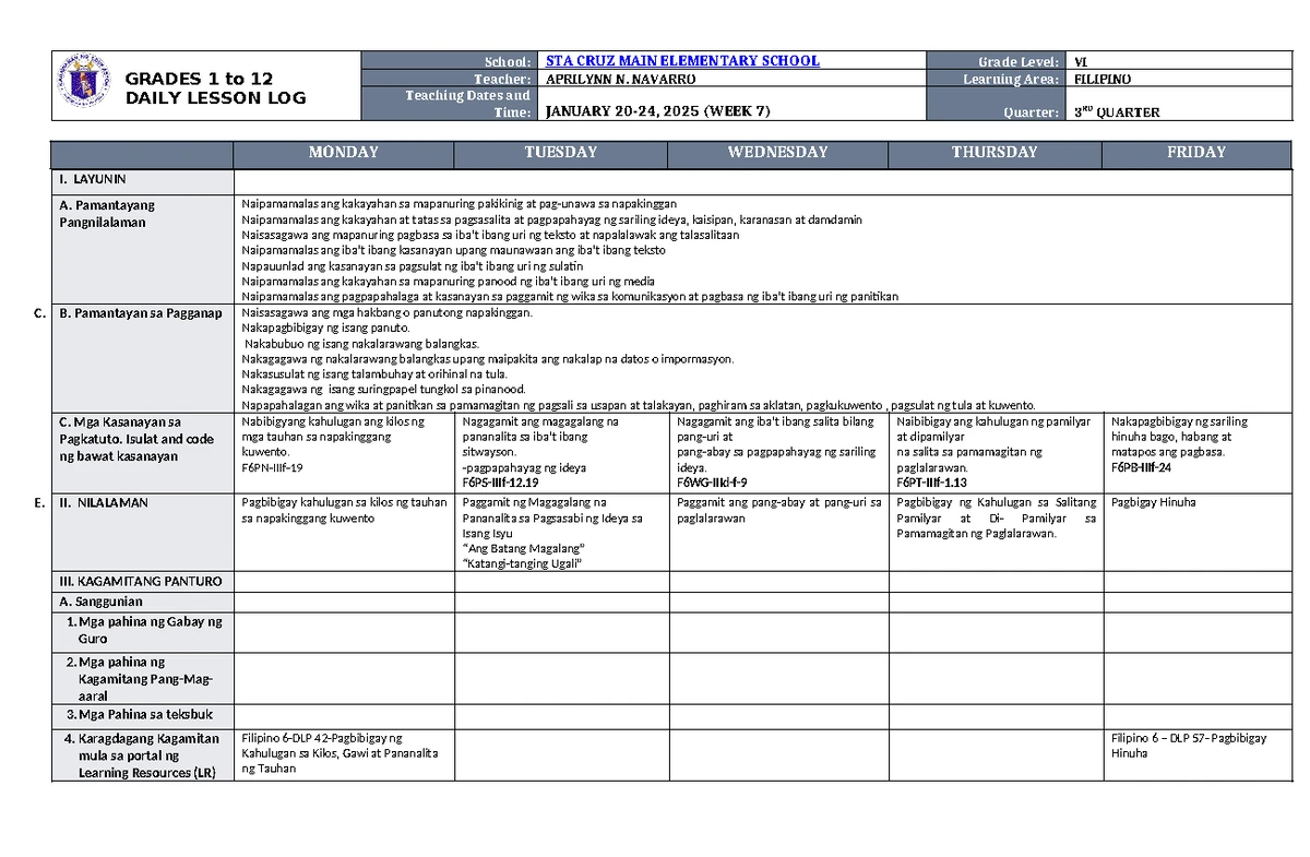 DLL Filipino 6 Q3 W3 Lesson Plans and Activities - Education - Studocu
