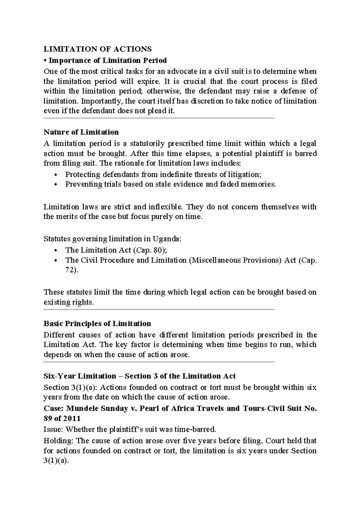 Limitation of Actions: Key Principles and Case Law (T-13) - Studocu