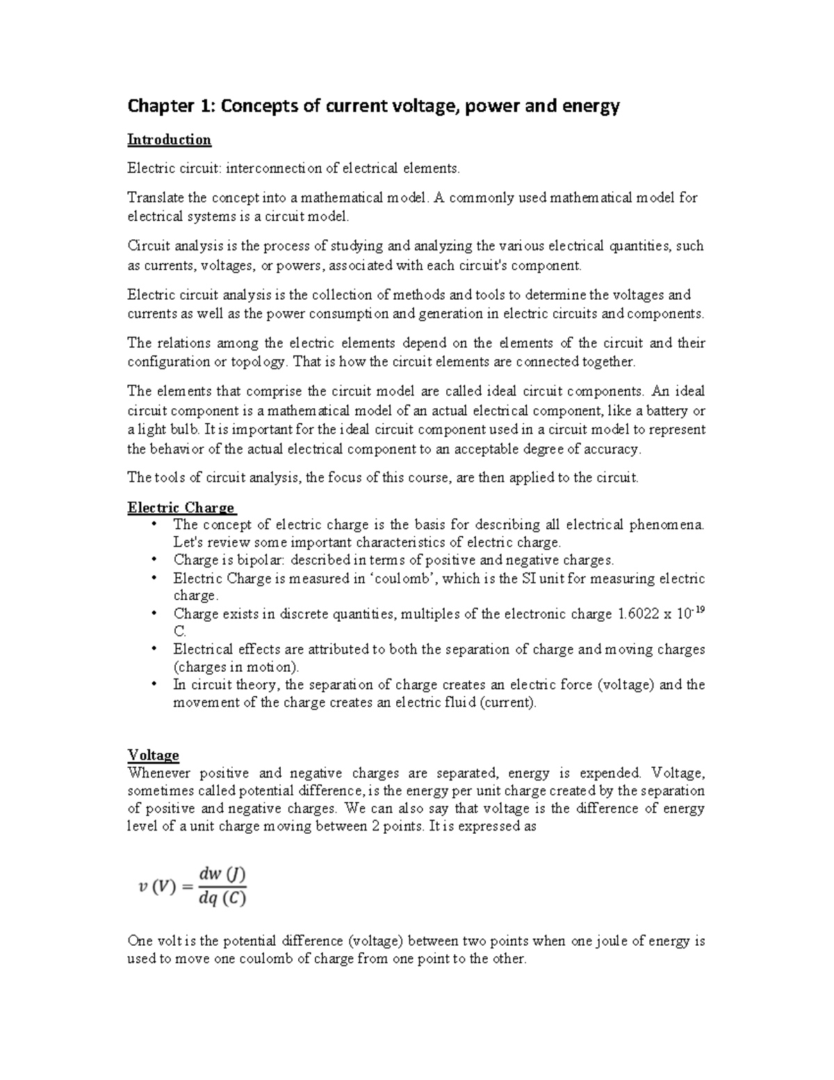 Chapter 1: Electricity Basics and Circuit Analysis (Course Code: EE101 ...
