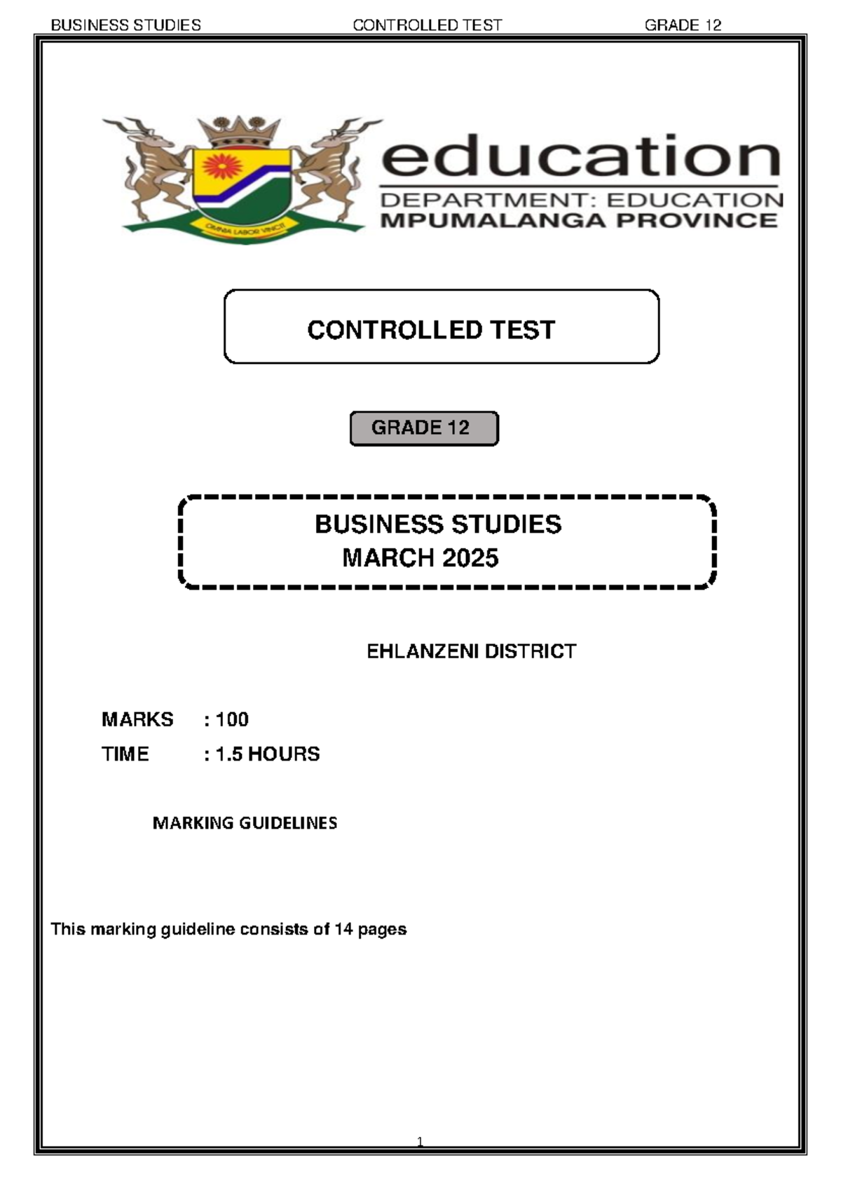 C.T. BSTD GR12 March 2025 Controlled Test Marking Guidelines - Studocu