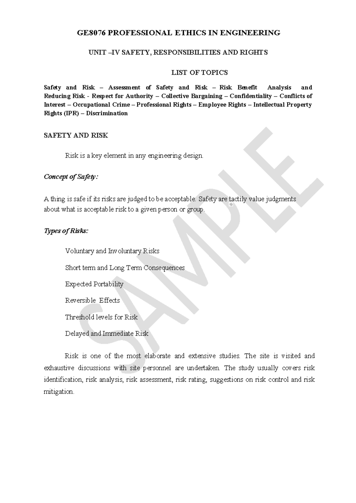 GE8076 Professional Ethics: Unit 4 on Safety, Responsibilities & Rights ...