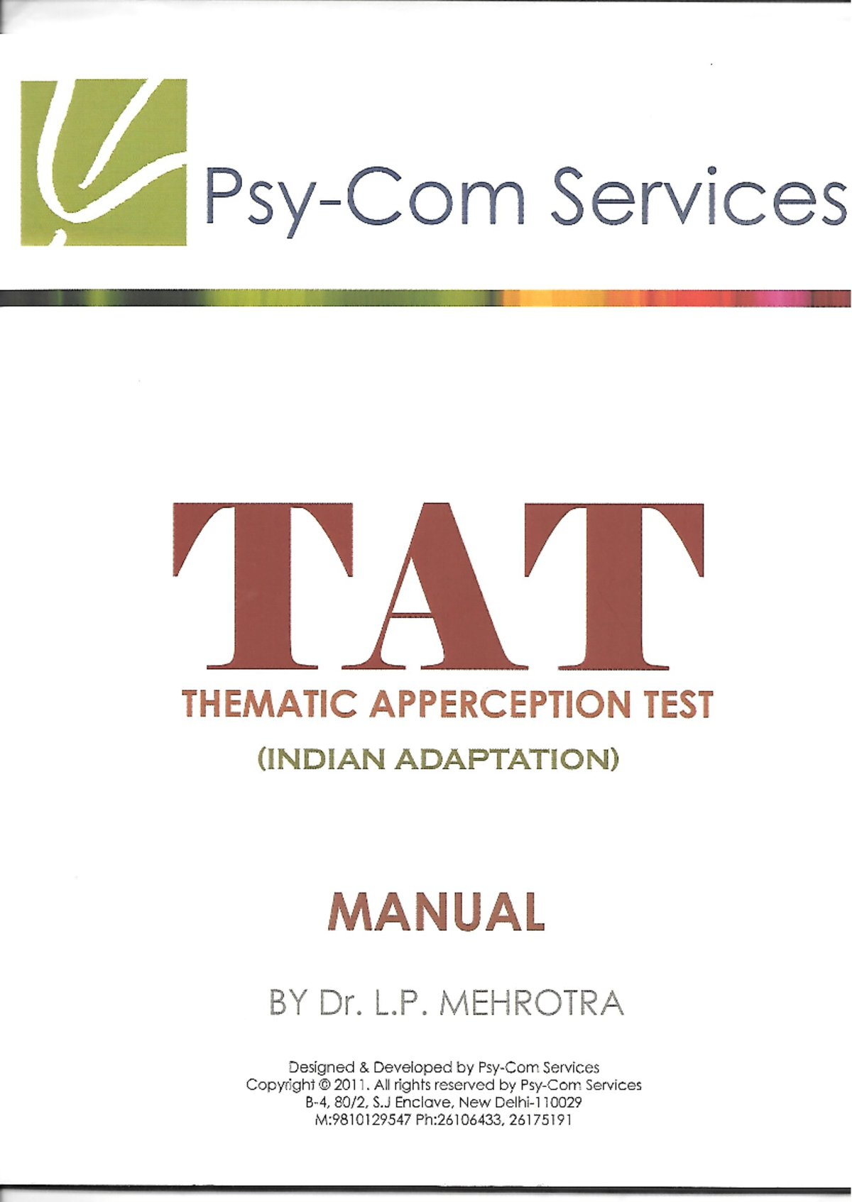T.A.T. Manual: Thematic Apperception Test (Indian Adaptation) by Dr. L ...