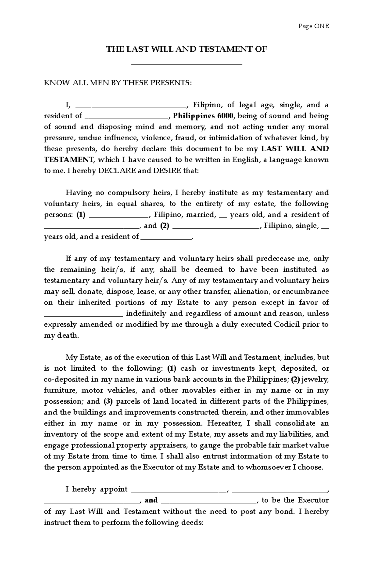 TASK 14 Notarial WILL - ddddd - Page ONE THE LAST WILL AND TESTAMENT OF