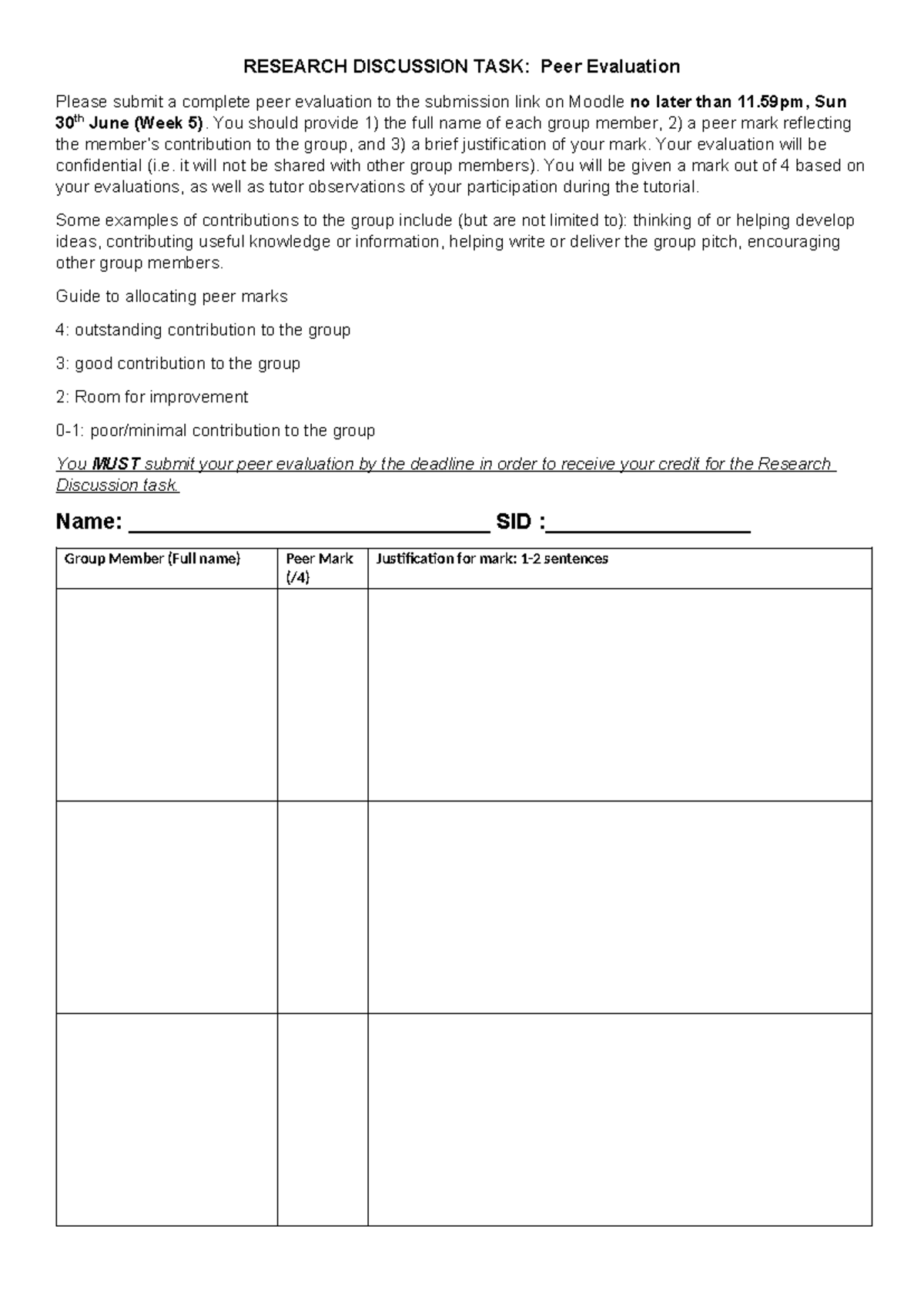 Peer Evaluation Form T224 - RESEARCH DISCUSSION TASK: Peer Evaluation ...