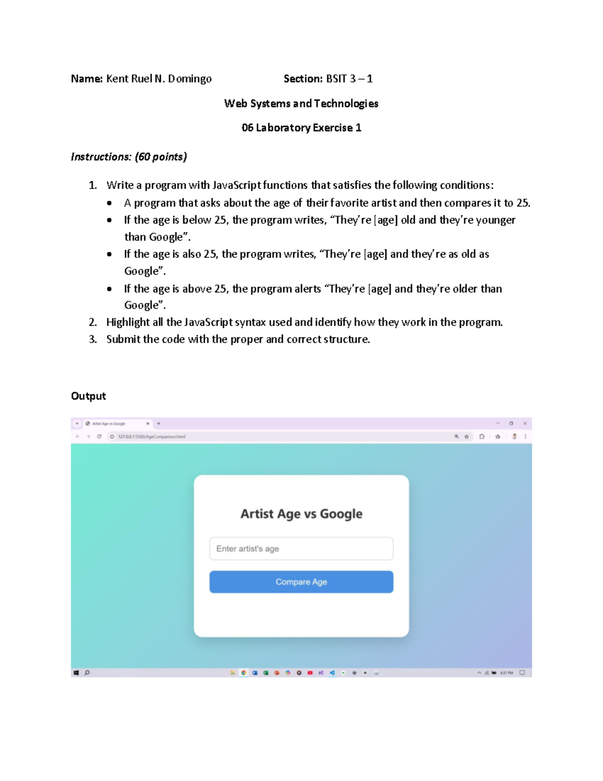 Domingo - WST 06 Lab Exercise 01: JavaScript Age Comparison Program ...